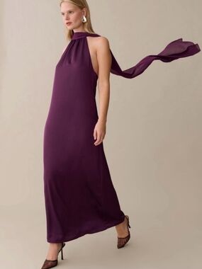 Few Moda o.p.t. Backless Halter Maxi Dress in Deep Plum with Neck Scarf